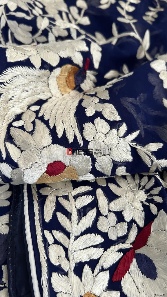 Navy Multicolour Parsi Gara Hand Embroidered Dupatta