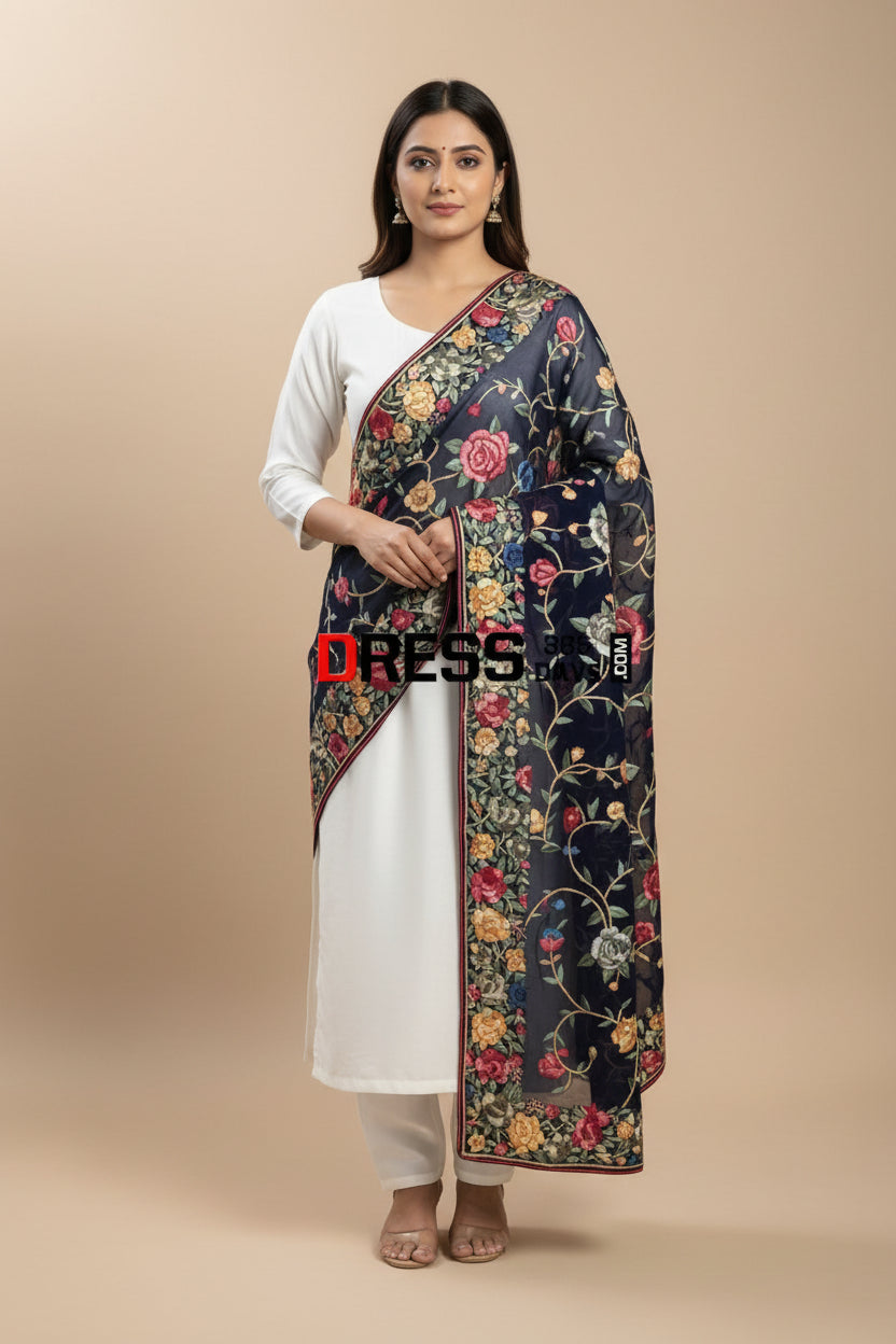 Designer Navy Multicolour Parsi Gara Hand Embroidered Dupatta
