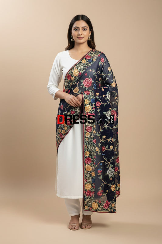 Designer Navy Multicolour Parsi Gara Hand Embroidered Dupatta