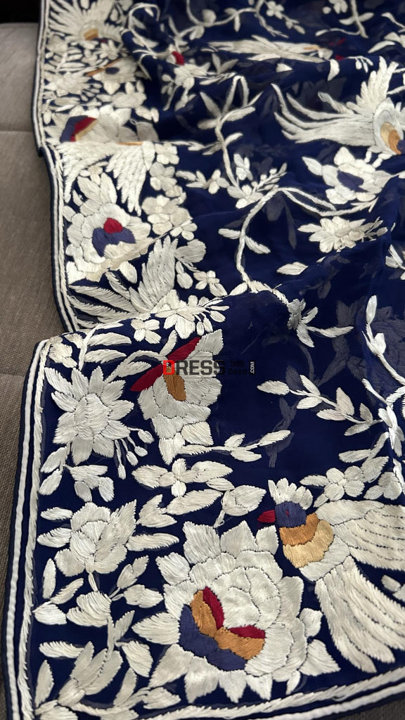 Navy Multicolour Parsi Gara Hand Embroidered Dupatta