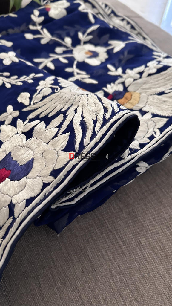 Navy Multicolour Parsi Gara Hand Embroidered Dupatta