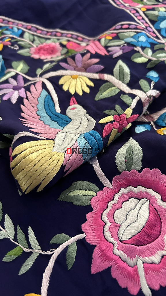 Navy & Multicolour Parsi Gara Kurti Fabric (Only Kurti) Suits
