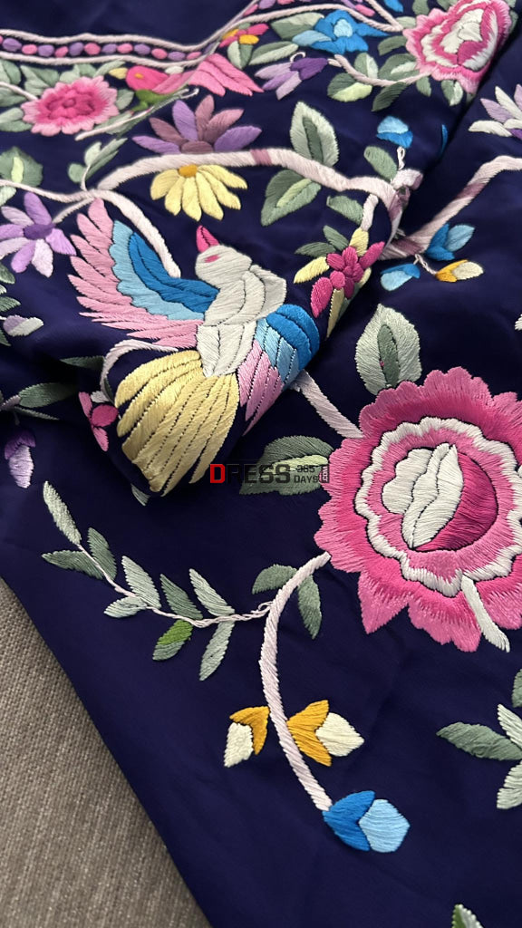 Navy & Multicolour Parsi Gara Kurti Fabric (Only Kurti) Suits