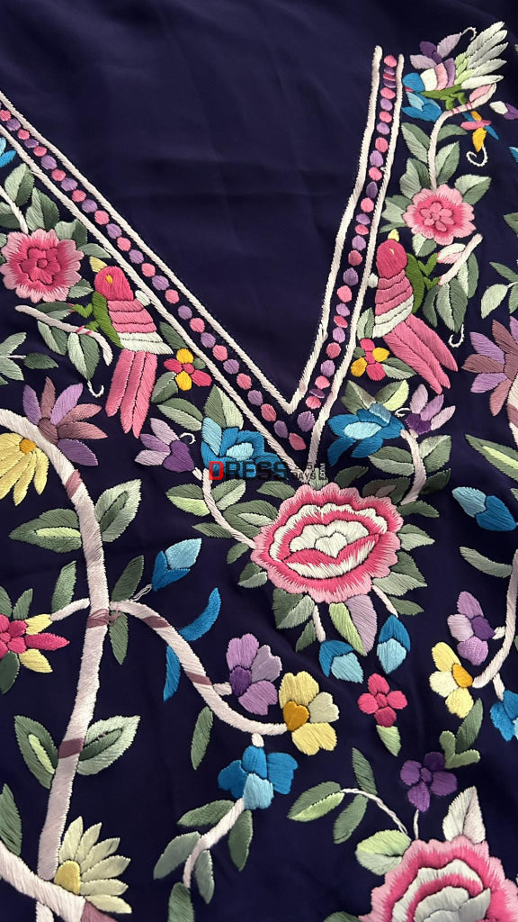 Navy & Multicolour Parsi Gara Kurti Fabric (Only Kurti) Suits
