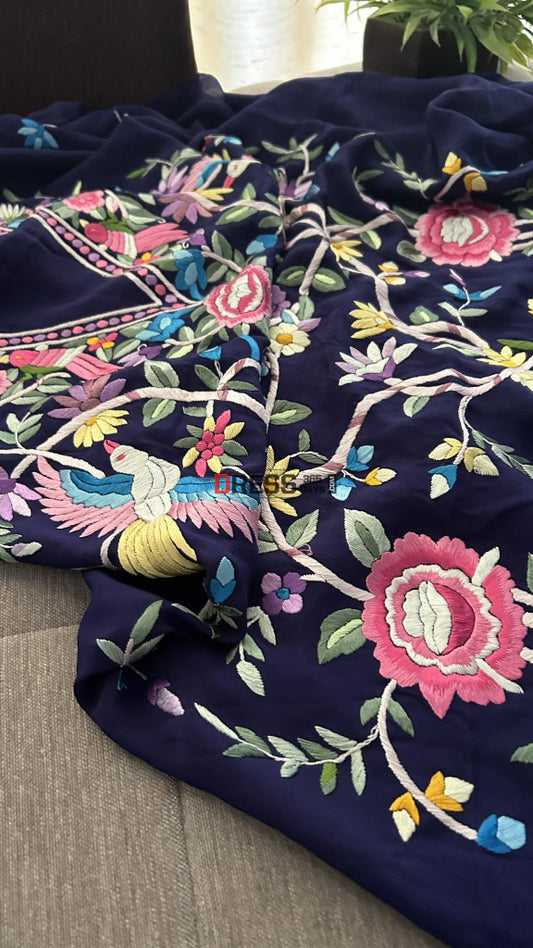 Navy & Multicolour Parsi Gara Kurti Fabric (Only Kurti) Suits