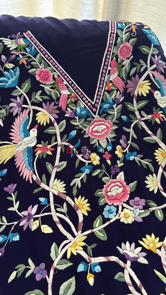 Navy & Multicolour Parsi Gara Kurti Fabric (Only Kurti) Suits