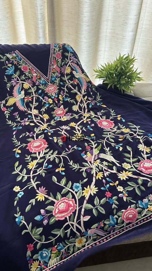 Navy & Multicolour Parsi Gara Kurti Fabric (Only Kurti) Suits