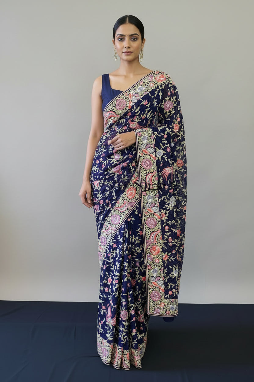 Navy Multicolour Parsi Gara Saree - Pure Georgette