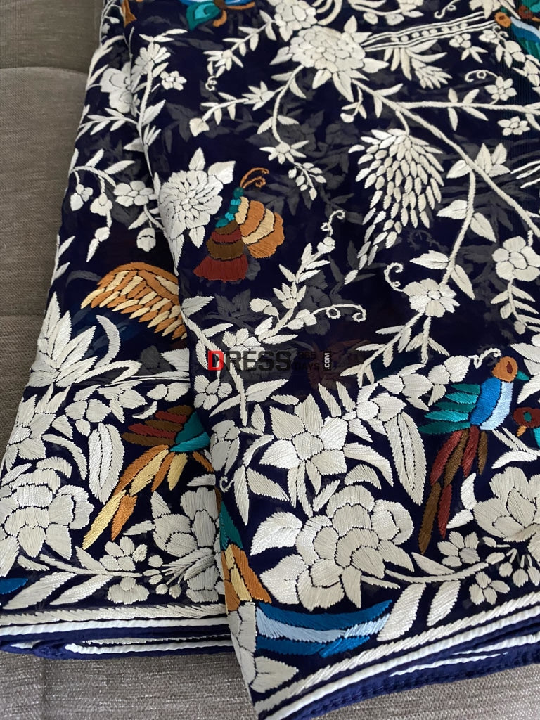 Navy Parsi Gara Dupatta With Multicolour Embroidery