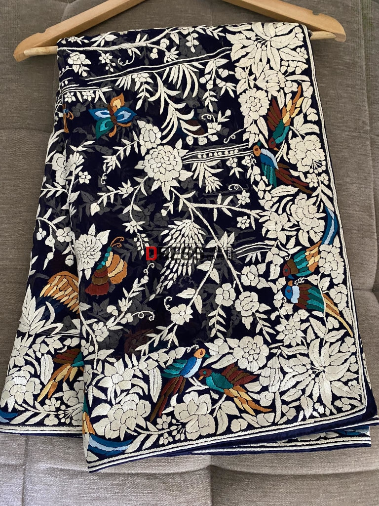 Navy Parsi Gara Dupatta With Multicolour Embroidery