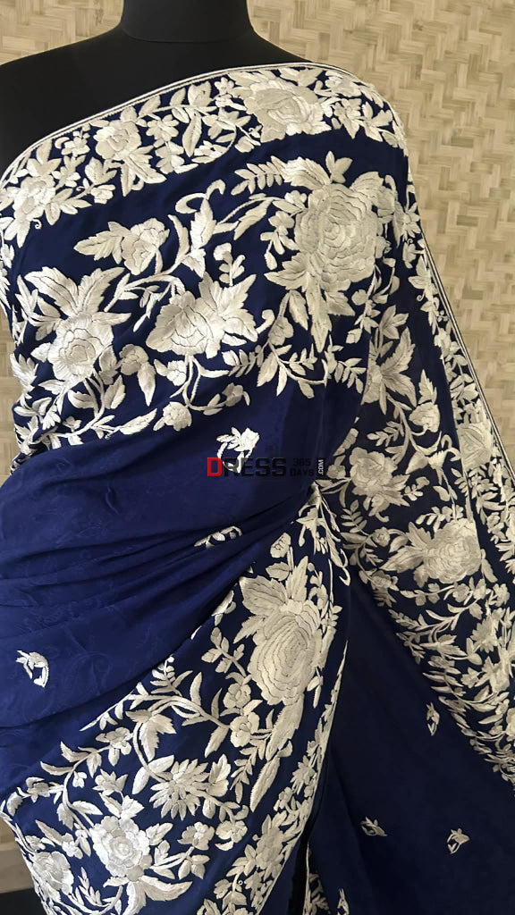Navy Parsi Gara Saree - Self Design Pure Crepe Silk Parsi Gara Saree