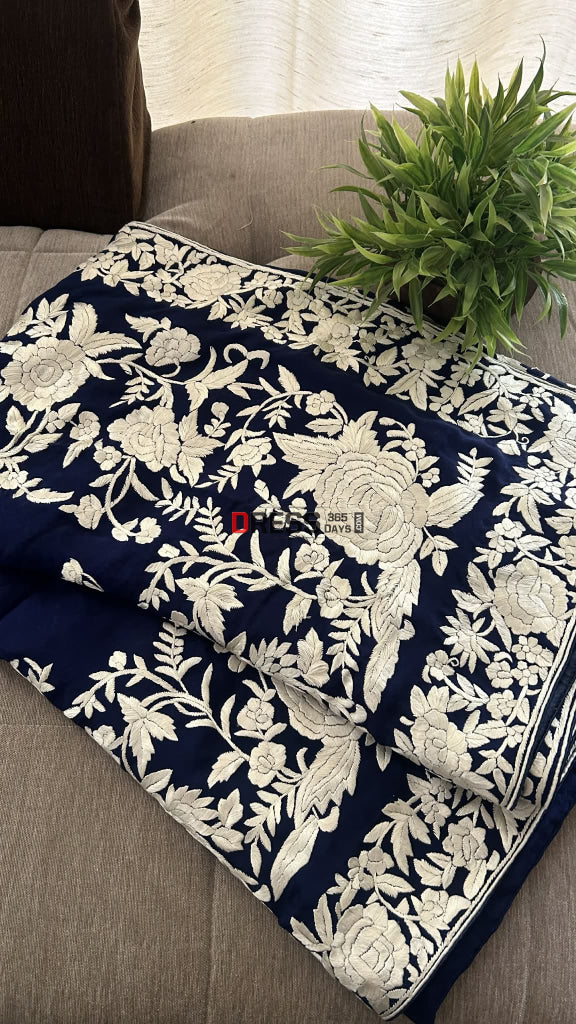Navy Parsi Gara Saree - Self Design Pure Crepe Silk Parsi Gara Saree