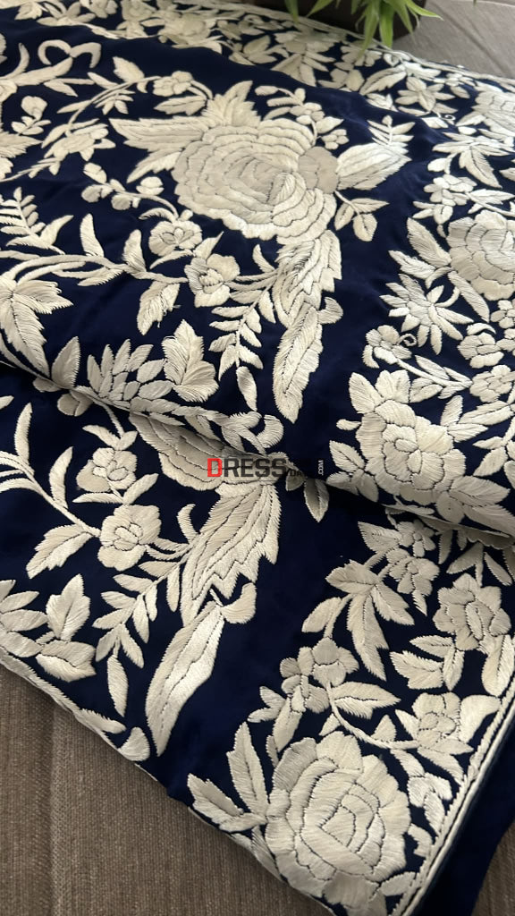 Navy Parsi Gara Saree - Self Design Pure Crepe Silk Parsi Gara Saree