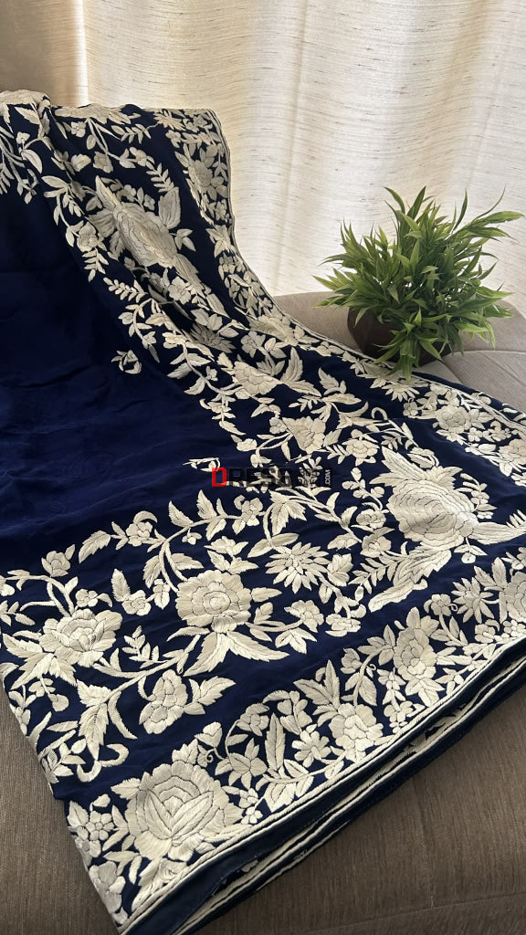 Navy Parsi Gara Saree - Self Design Pure Crepe Silk Parsi Gara Saree