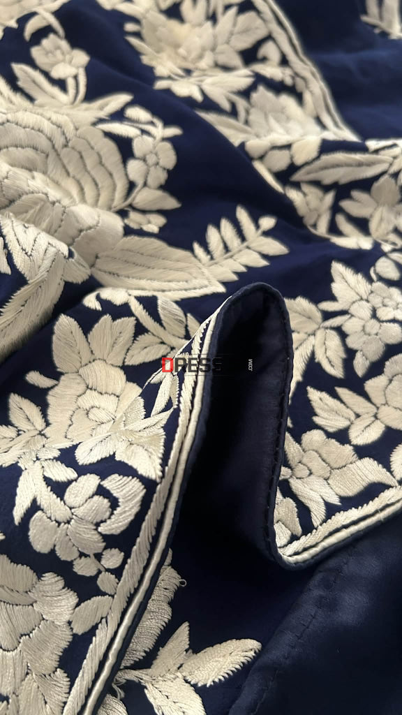 Navy Parsi Gara Saree - Self Design Pure Crepe Silk Parsi Gara Saree