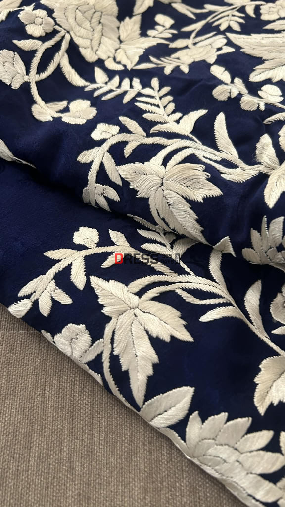 Navy Parsi Gara Saree - Self Design Pure Crepe Silk Parsi Gara Saree