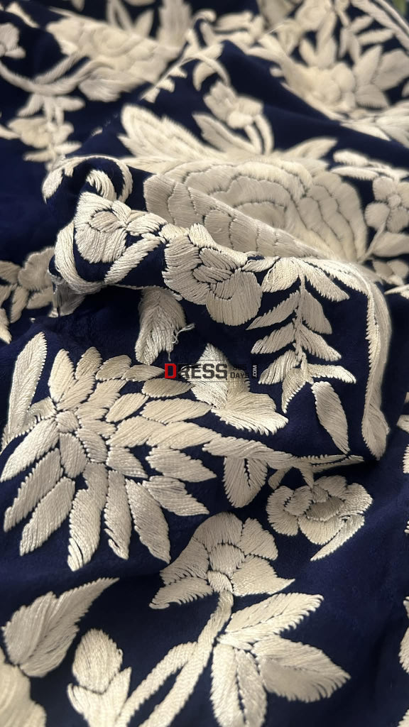 Navy Parsi Gara Saree - Self Design Pure Crepe Silk Parsi Gara Saree