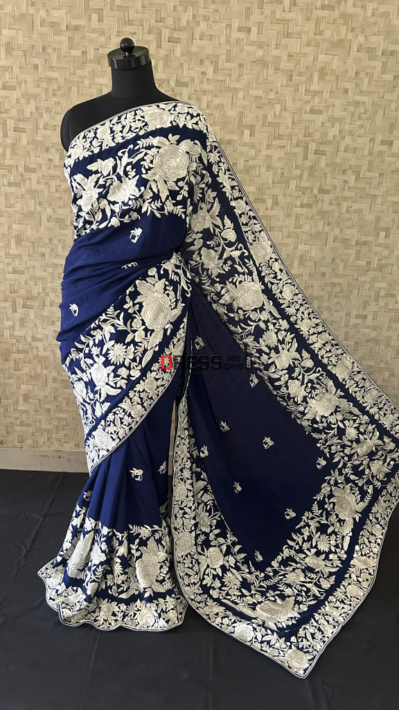 Navy Parsi Gara Saree - Self Design Pure Crepe Silk Parsi Gara Saree