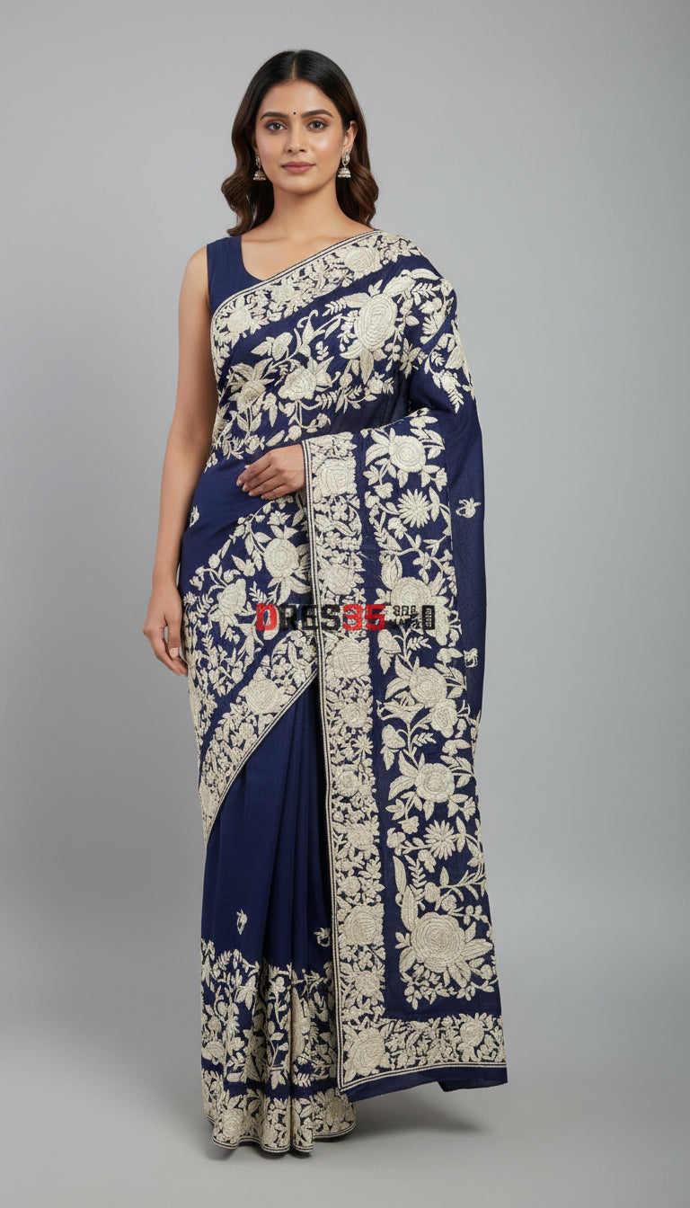 Navy Parsi Gara Saree - Self Design Pure Crepe Silk