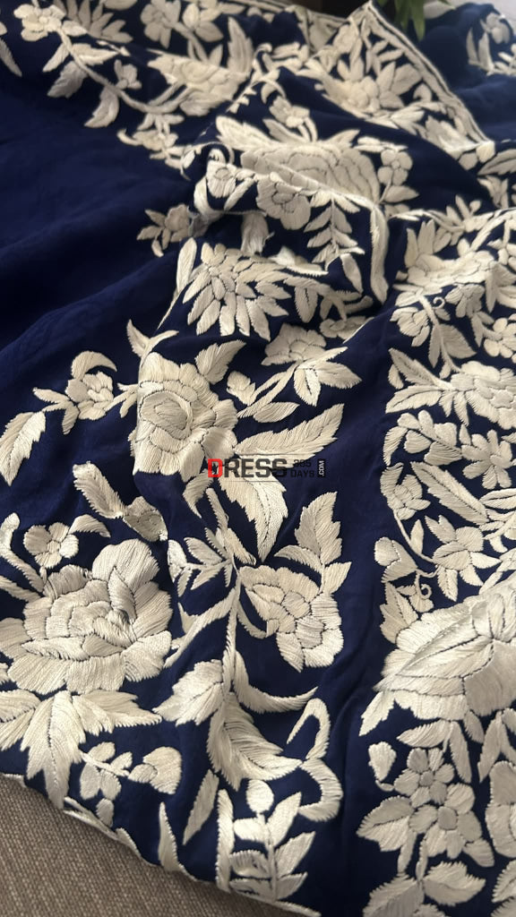 Navy Parsi Gara Saree - Self Design Pure Crepe Silk Parsi Gara Saree