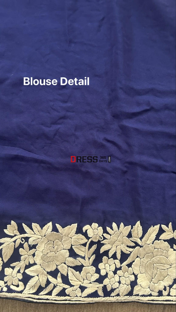 Navy Parsi Gara Saree - Self Design Pure Crepe Silk Parsi Gara Saree