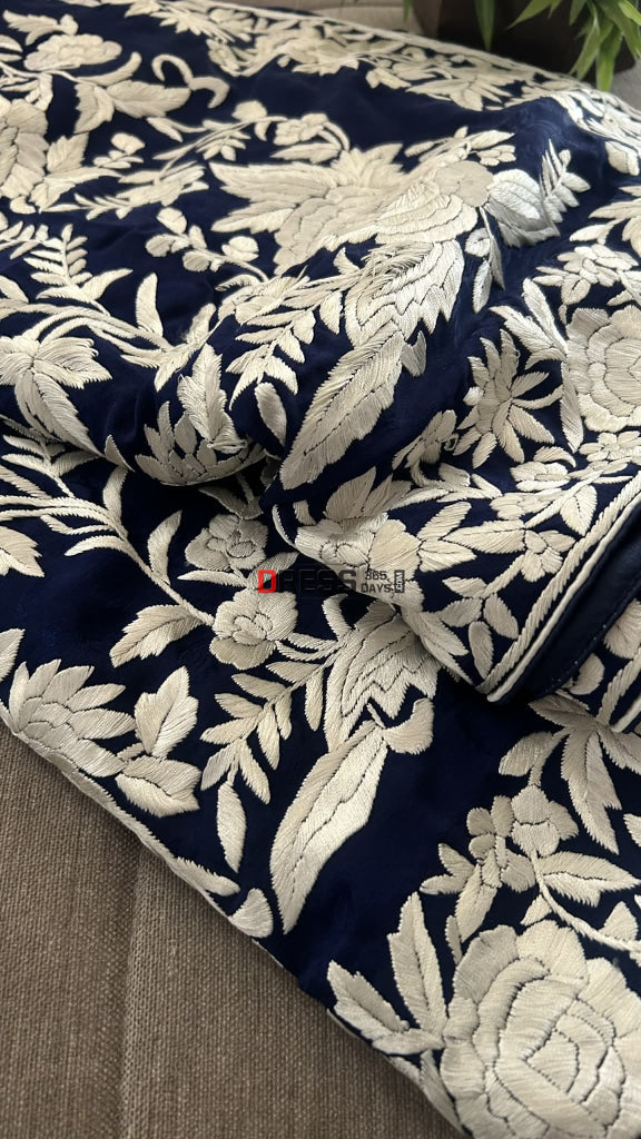 Navy Parsi Gara Saree - Self Design Pure Crepe Silk Parsi Gara Saree