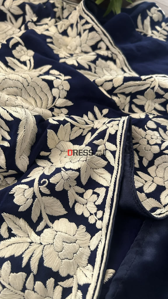 Navy Parsi Gara Saree - Self Design Pure Crepe Silk Parsi Gara Saree