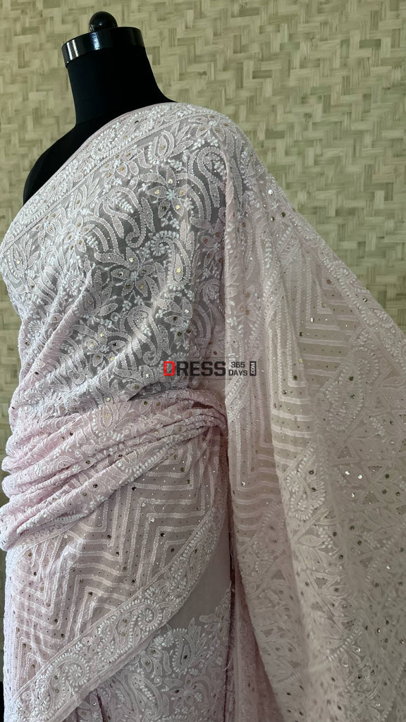 Oyster Pink Chikankari Mukaish Pure Georgette Saree Chikankari Saree