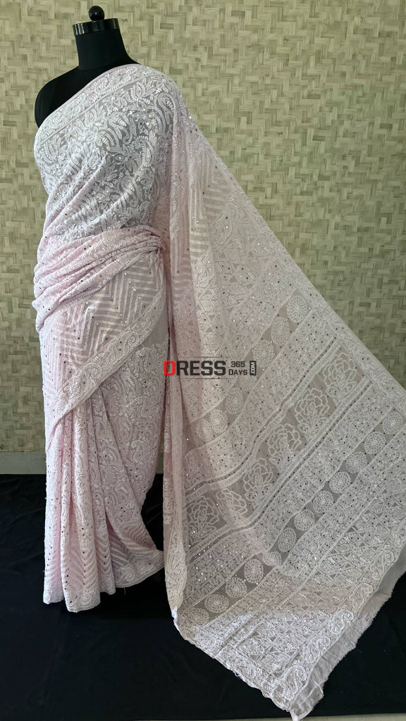 Oyster Pink Chikankari Mukaish Pure Georgette Saree Chikankari Saree