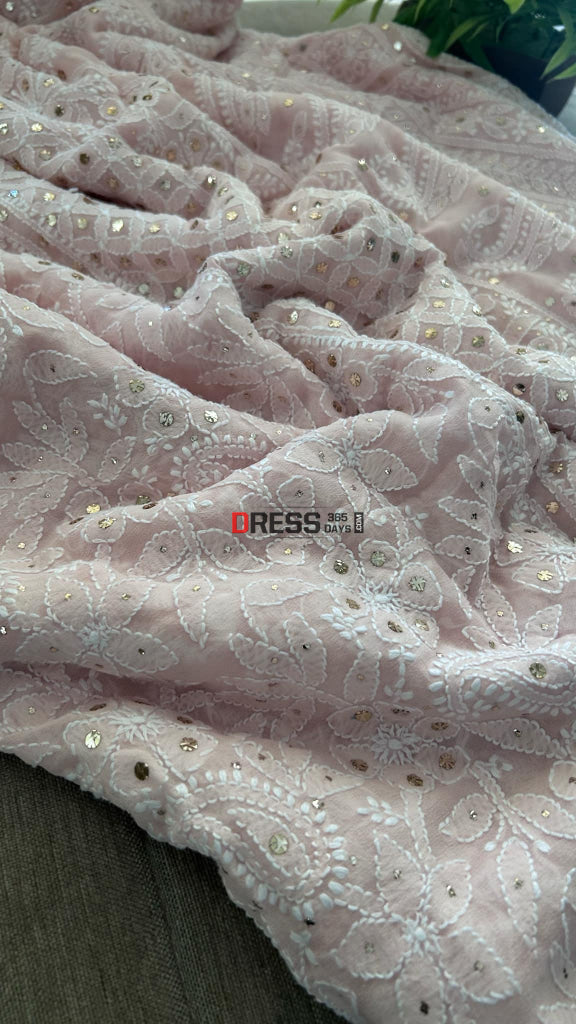 Oyster Pink Chikankari Mukaish Saree Chikankari Saree