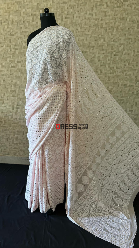 Oyster Pink Chikankari Mukaish Saree Chikankari Saree