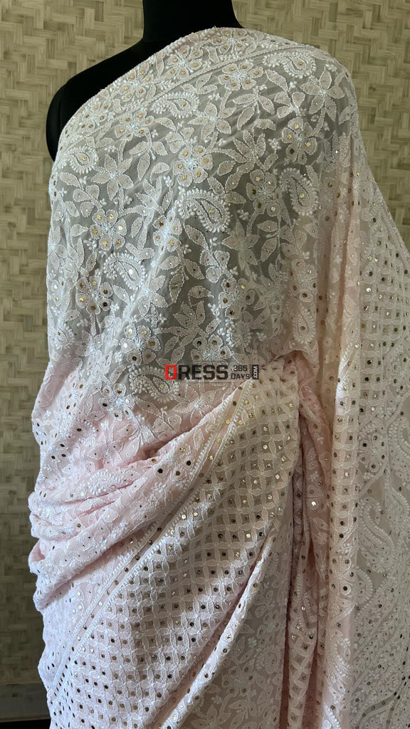 Oyster Pink Chikankari Mukaish Saree Chikankari Saree