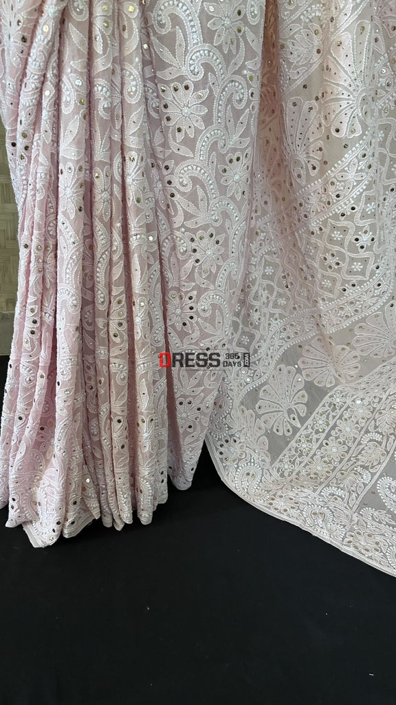 Oyster Pink Lucknowi Chikankari Mukaish Saree