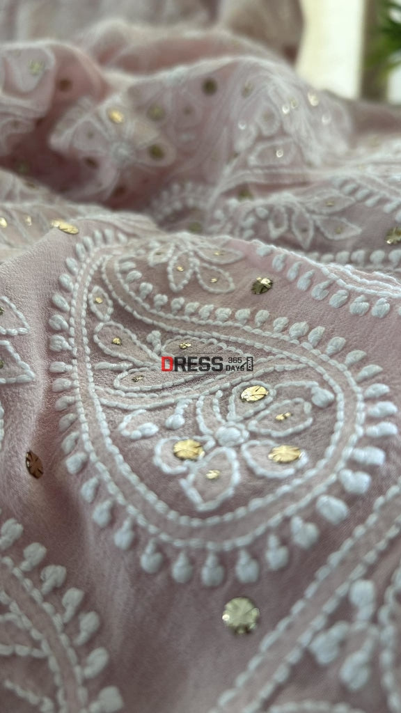 Oyster Pink Lucknowi Chikankari Mukaish Saree