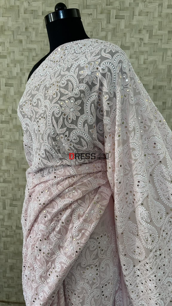 Oyster Pink Lucknowi Chikankari Mukaish Saree