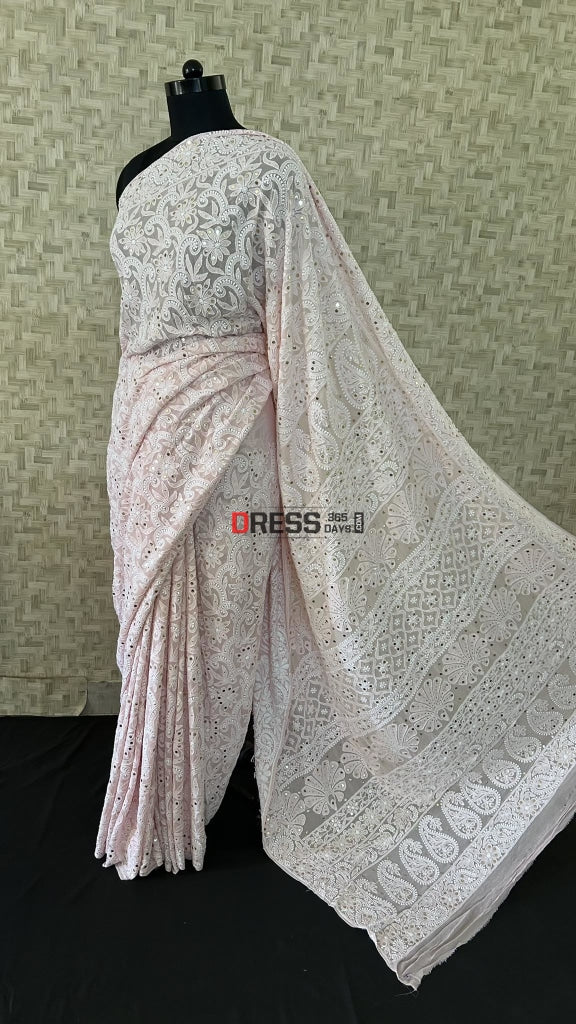 Oyster Pink Lucknowi Chikankari Mukaish Saree