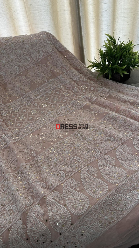 Oyster Pink Lucknowi Chikankari Mukaish Saree