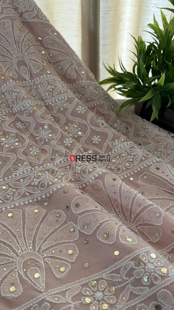 Oyster Pink Lucknowi Chikankari Mukaish Saree