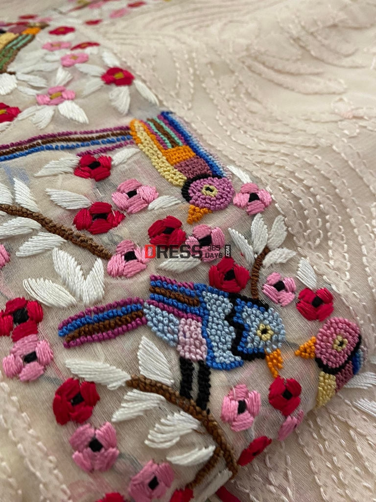Oyster Pink Parsi Gara & Chikankari Hand Embroidered Saree