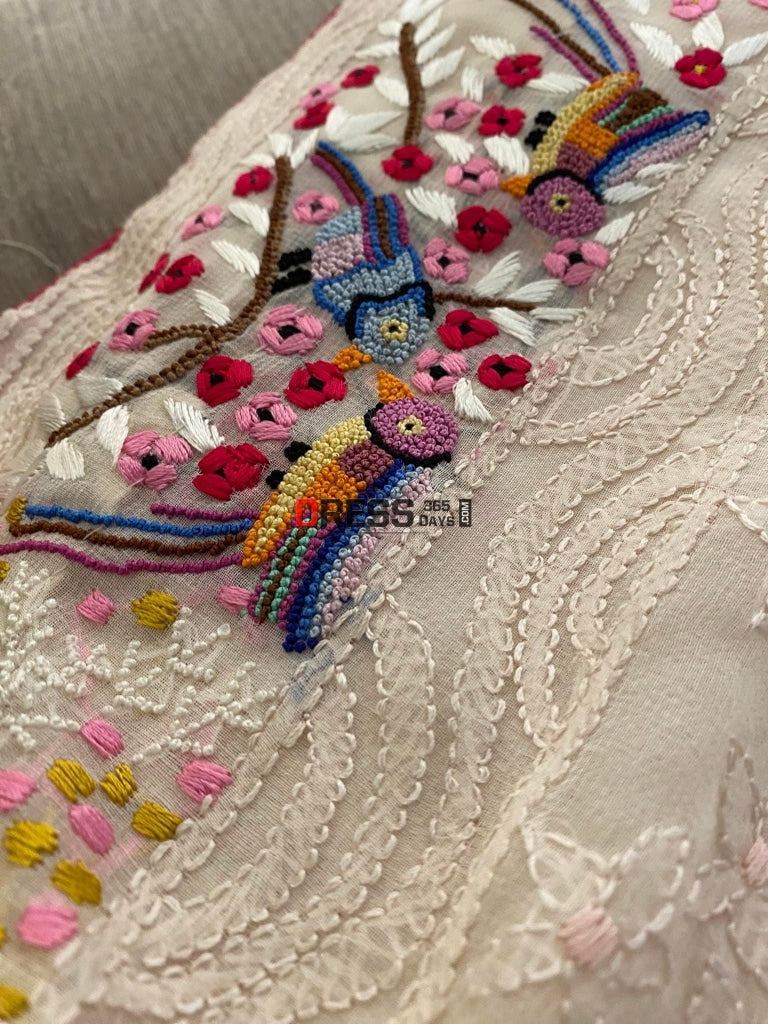 Oyster Pink Parsi Gara & Chikankari Hand Embroidered Saree