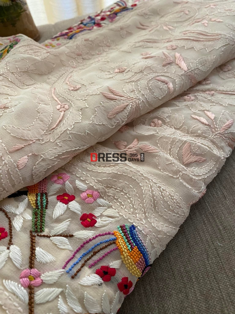 Oyster Pink Parsi Gara & Chikankari Hand Embroidered Saree