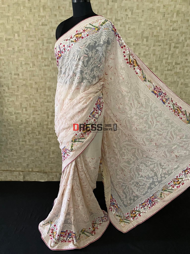 Oyster Pink Parsi Gara & Chikankari Hand Embroidered Saree