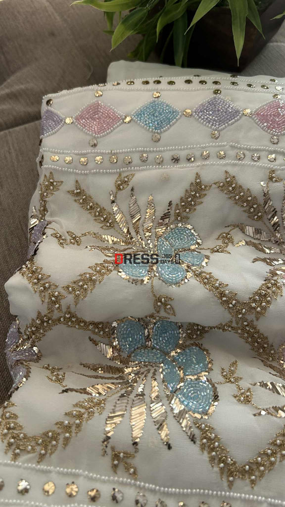 Party Wear Cut Dana Mukaish Kurta Dupatta Set (Viscose Georgette) Chikankari Suits