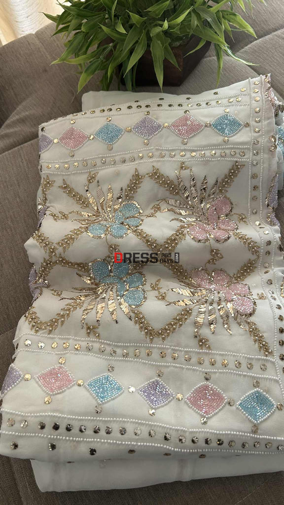 Party Wear Cut Dana Mukaish Kurta Dupatta Set (Viscose Georgette) Chikankari Suits