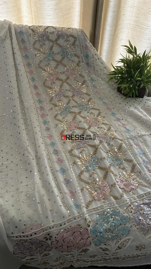 Party Wear Cut Dana Mukaish Kurta Dupatta Set (Viscose Georgette) Chikankari Suits