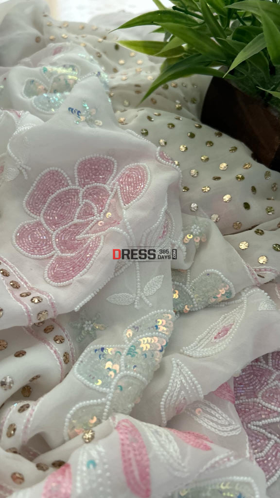 Party Wear Cut Dana Mukaish Kurta Dupatta Set (Viscose Georgette) Chikankari Suits