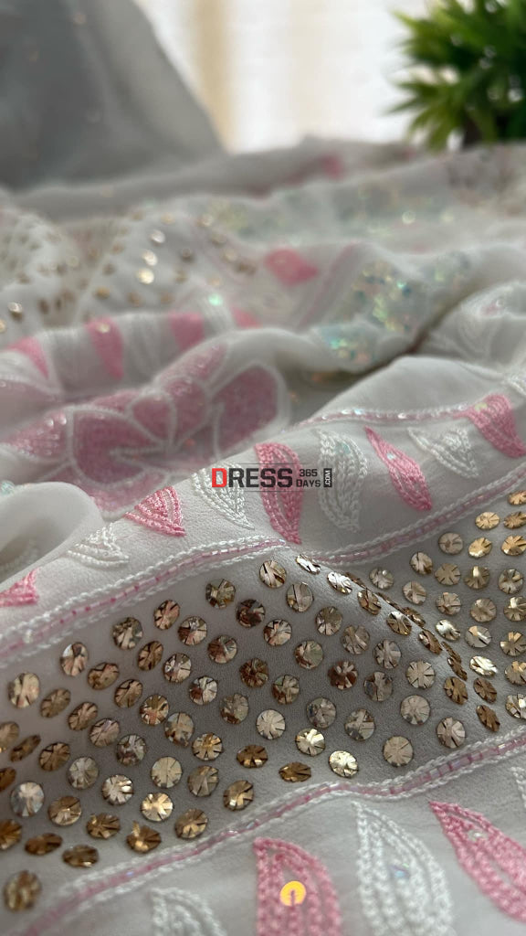 Party Wear Cut Dana Mukaish Kurta Dupatta Set (Viscose Georgette) Chikankari Suits