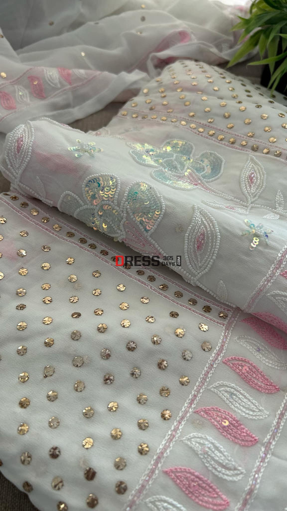 Party Wear Cut Dana Mukaish Kurta Dupatta Set (Viscose Georgette) Chikankari Suits