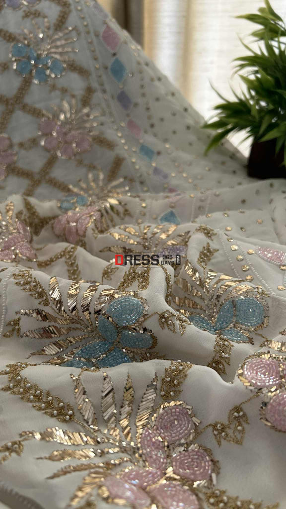 Party Wear Cut Dana Mukaish Kurta Dupatta Set (Viscose Georgette) Chikankari Suits