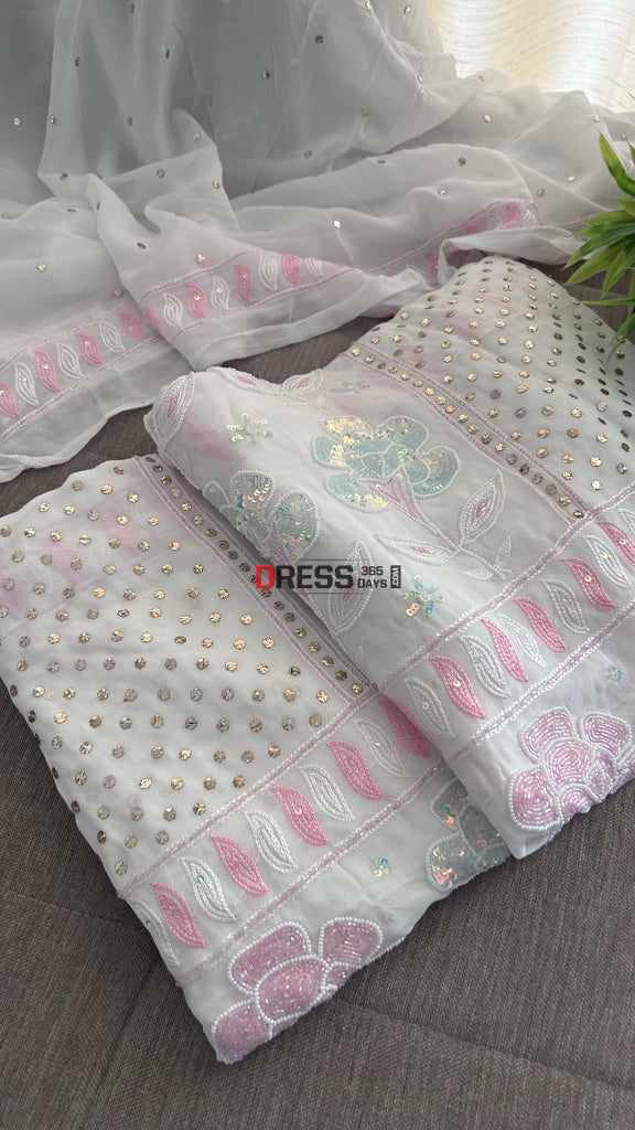 Party Wear Cut Dana Mukaish Kurta Dupatta Set (Viscose Georgette) Chikankari Suits